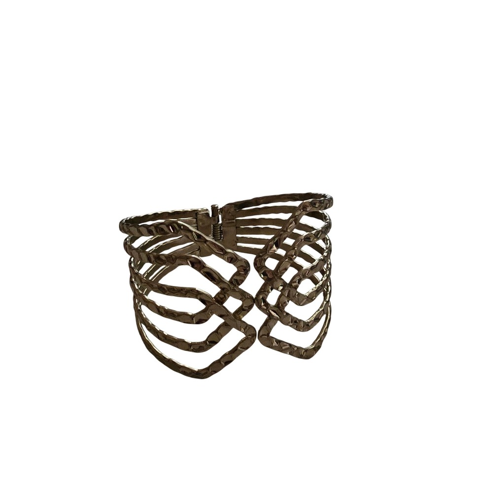 Gold Hammered Multi Row Cage Hinged Cuff Statement Bracelet Geometric Textured